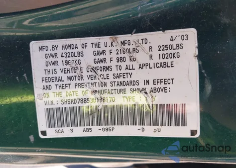 2003 Honda Cr-V Ex from USA, damaged, VIN SHSRD78853U136170